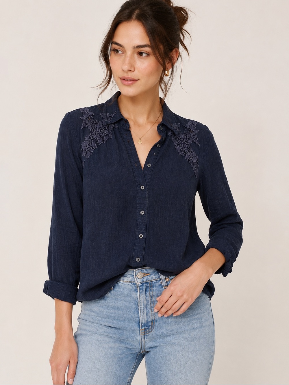 Abercrombie & Fitch Navy Lace Trim Button Front Long Sleeve Blouse Boho Xsmall